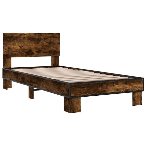vidaXL Bedframe bewerkt hout en metaal gerookt eikenkleurig 90x200 cm