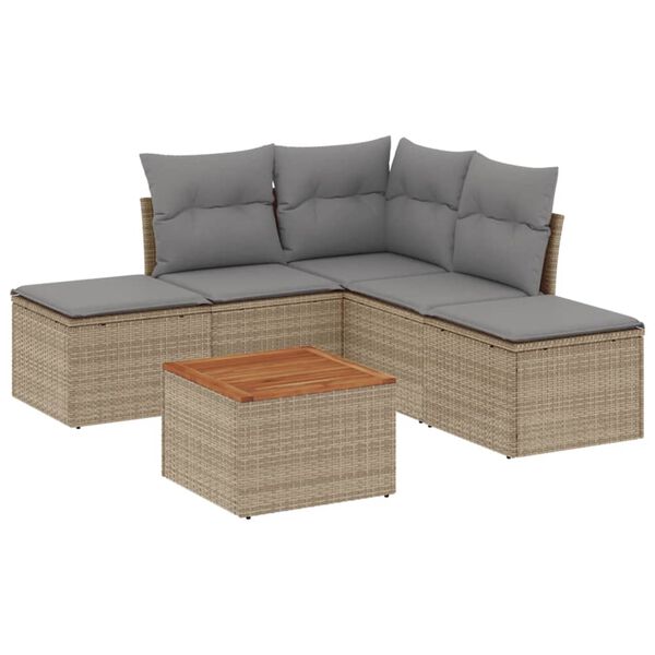 vidaXL 6-delige Loungeset met kussens poly rattan beige