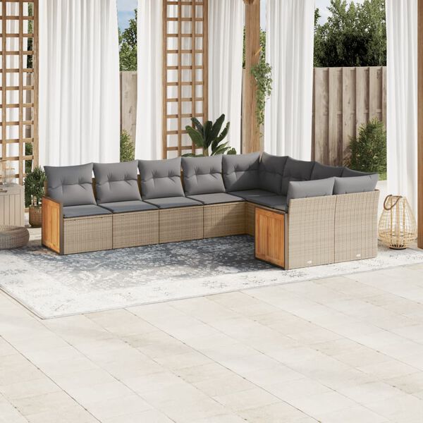 vidaXL 9-delige Loungeset met kussens poly rattan beige