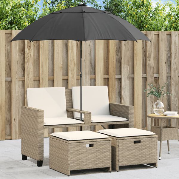 vidaXL Tuinbank 2-zits met parasol en voetenbanken poly rattan beige