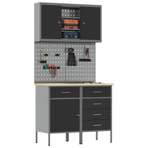 vidaXL Werkkast set met lade met plank met opslag met slot 5 pcs Zwart