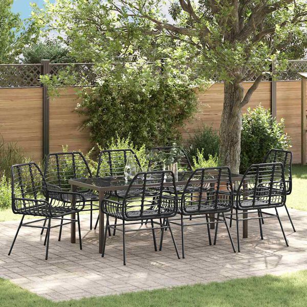 vidaXL Tuin eettafelset 9 pcs Zwart poly rattan
