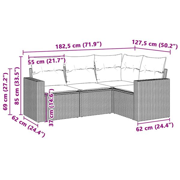 vidaXL 4-delige Loungeset met kussens poly rattan lichtgrijs