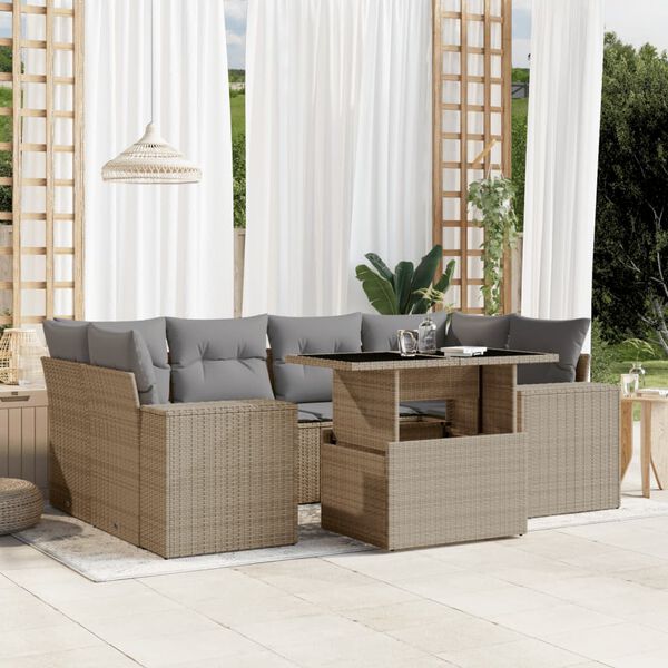 vidaXL 7-delige Loungeset met kussens poly rattan beige