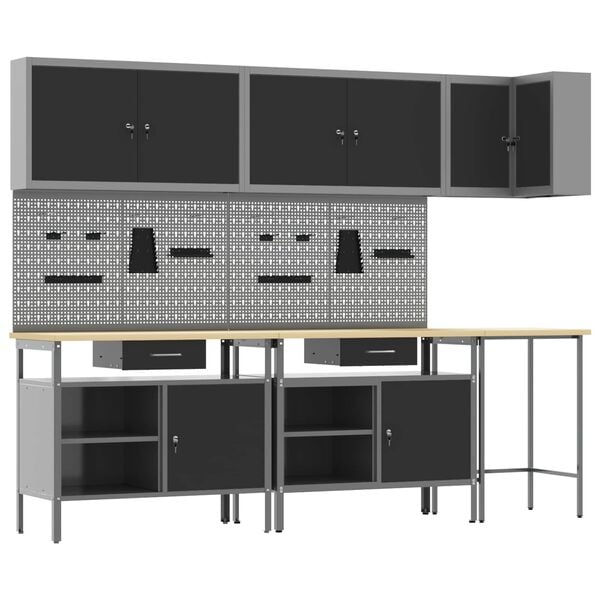 vidaXL Werkkast set met lade met plank met slot 10 pcs Zwart en Grijs