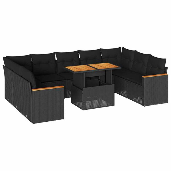 vidaXL 10-delige Loungeset met kussens poly rattan acacia zwart