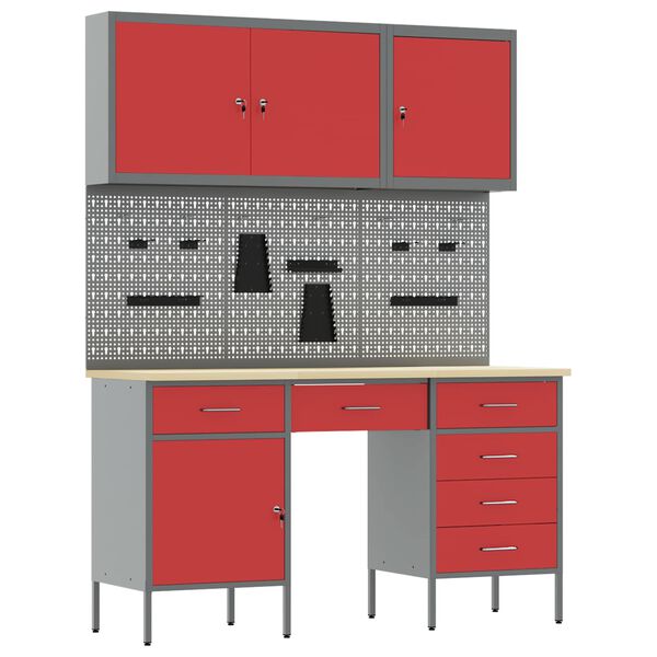 vidaXL Werk kast met lade met slot 8 pcs Rood Engineered hout en staal