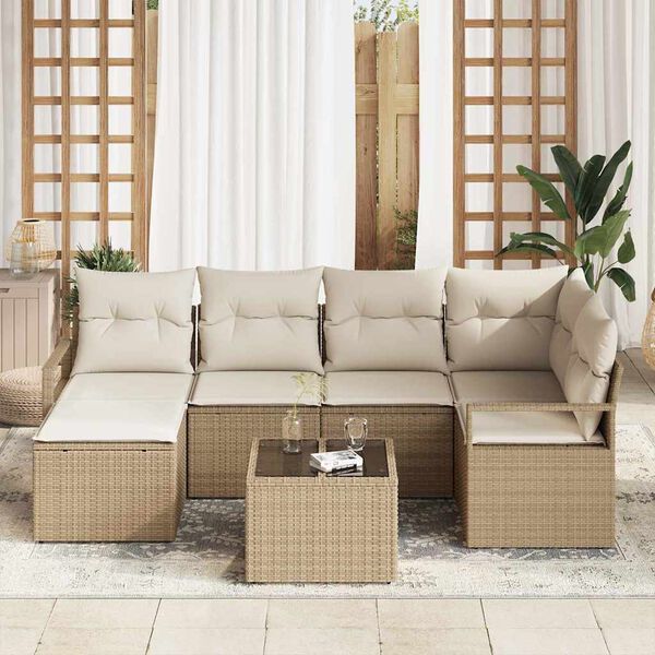 vidaXL Tuin Sofa Set met kussen met opslag 7 pcs Beige en Cr&egrave;me