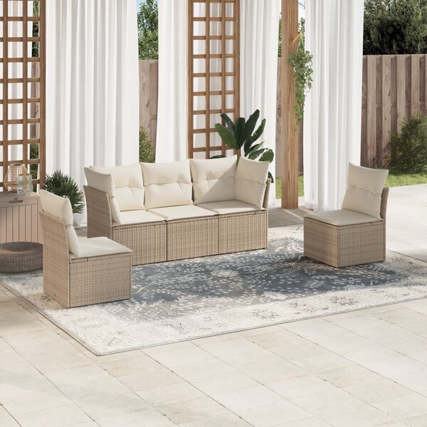 vidaXL 5-delige Loungeset met kussens poly rattan beige