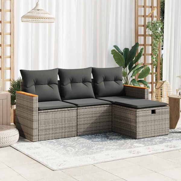 vidaXL 4-delige Loungeset met kussens poly rattan grijs