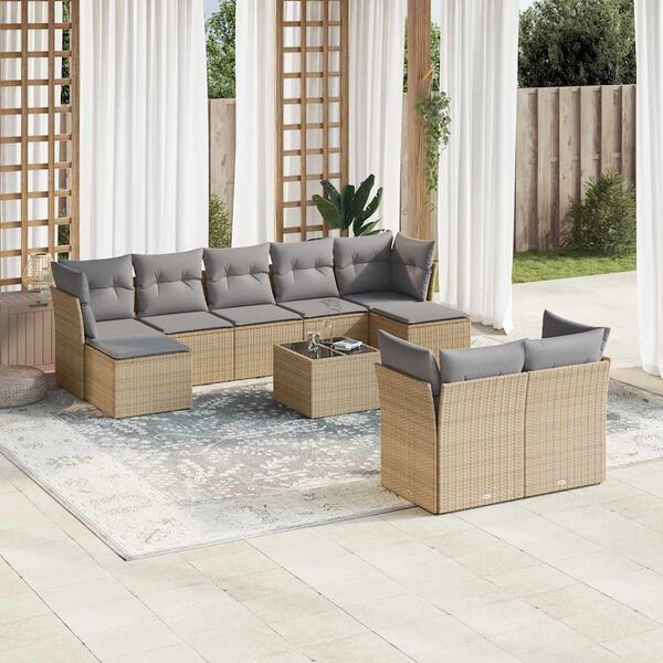 vidaXL 10-delige Loungeset met kussens poly rattan beige