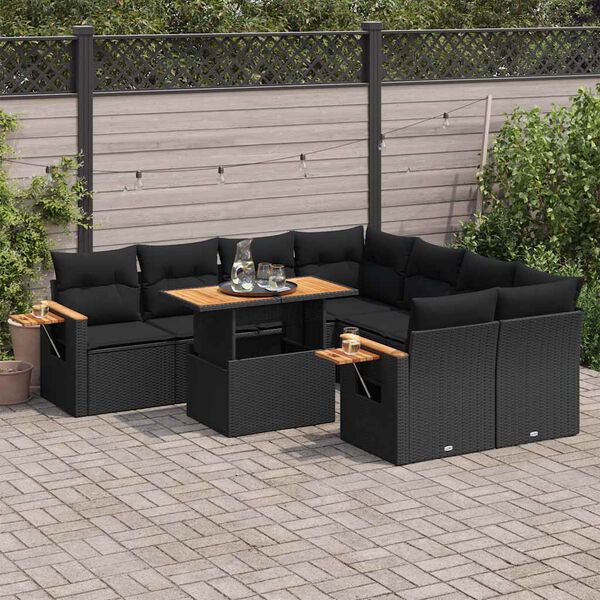 vidaXL 9-delige Loungeset met kussens poly rattan acacia zwart
