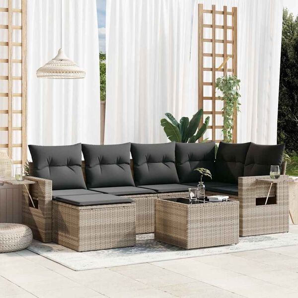 vidaXL 7-delige Loungeset met kussens poly rattan lichtgrijs