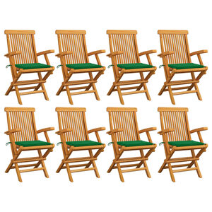 vidaXL Opklapbare stoelen met groene kussens, 8 stuks, massief teakhout