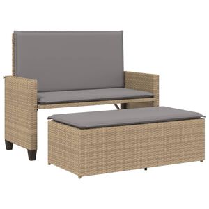 vidaXL Tuinbank met kussens en voetenbank poly rattan beige