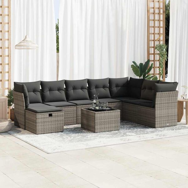 vidaXL 9-delige Loungeset met kussens poly rattan grijs