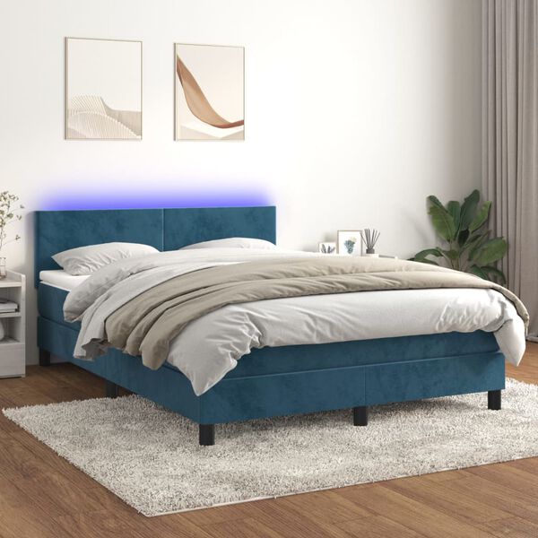 vidaXL Boxspring met matras en LED fluweel donkerblauw 140x200 cm
