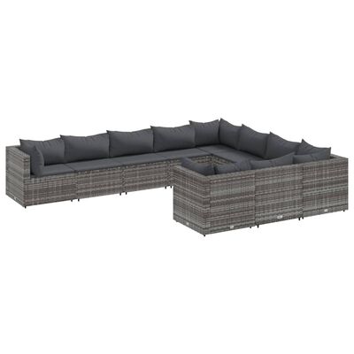 vidaXL 10-delige Loungeset met kussens poly rattan grijs