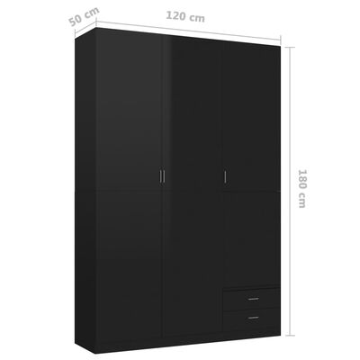 vidaXL Kledingkast 3-deurs 120x50x180 cm spaanplaat hoogglans zwart