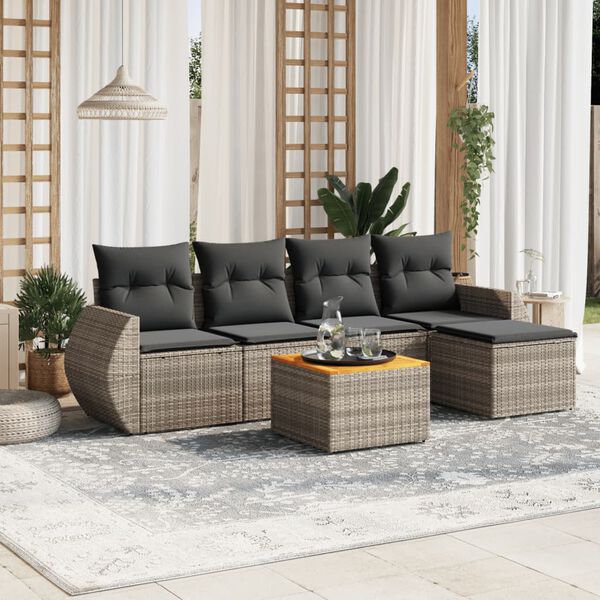 vidaXL 6-delige Loungeset met kussens poly rattan grijs