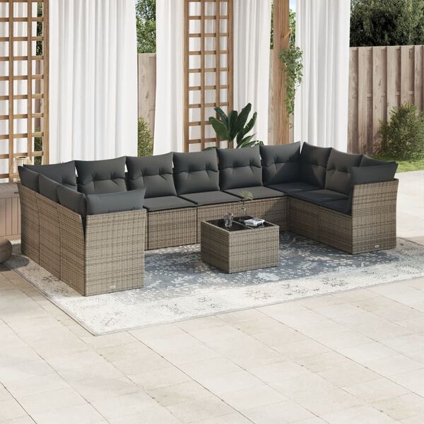 vidaXL 11-delige Loungeset met kussens poly rattan grijs