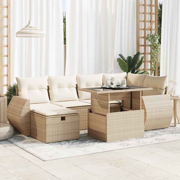 vidaXL 7-delige Loungeset met kussens poly rattan beige
