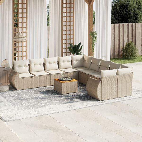 vidaXL 11-delige Tuinset met kussens poly rattan beige
