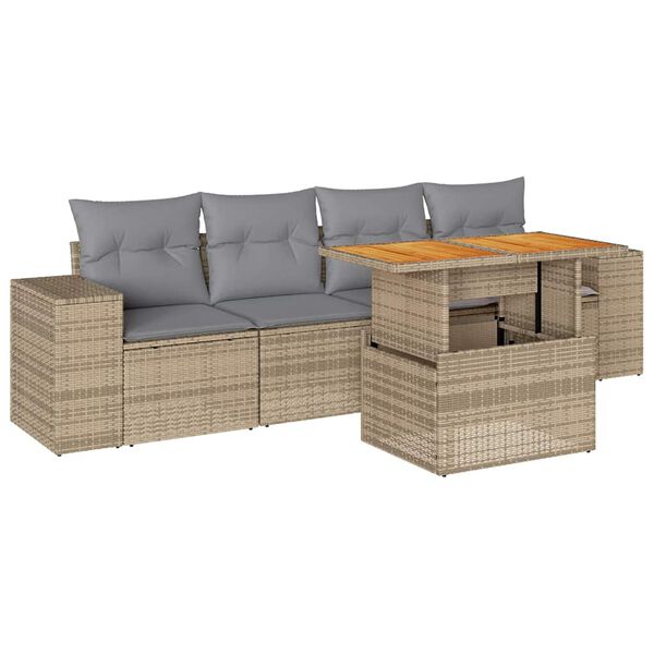 vidaXL 5-delige Loungeset met kussens poly rattan beige