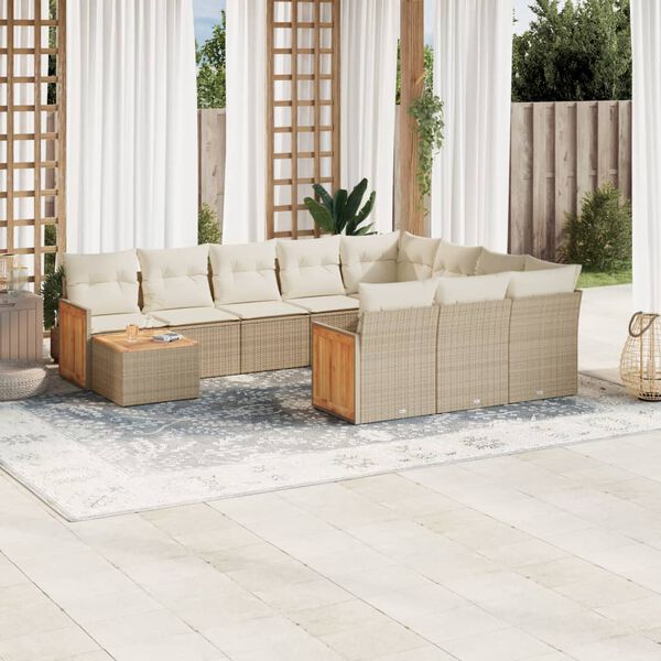 vidaXL 11-delige Tuinset met kussens poly rattan beige