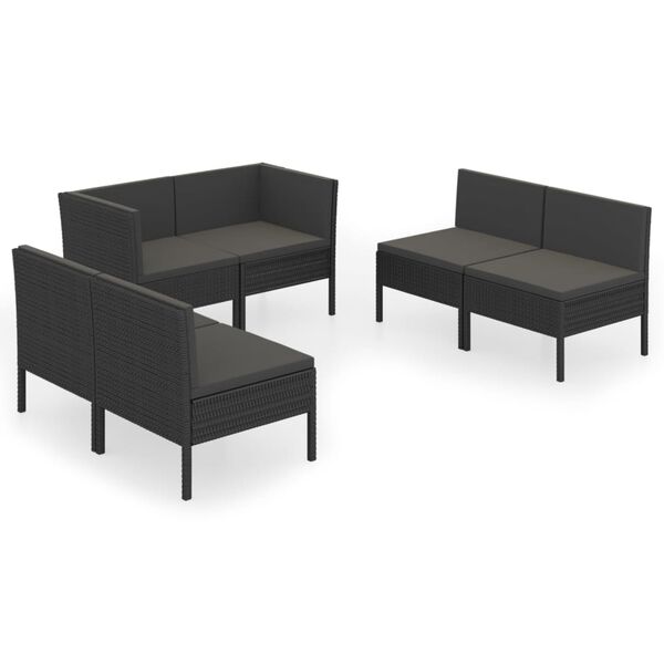 vidaXL 6-delige Loungeset met kussens poly rattan zwart