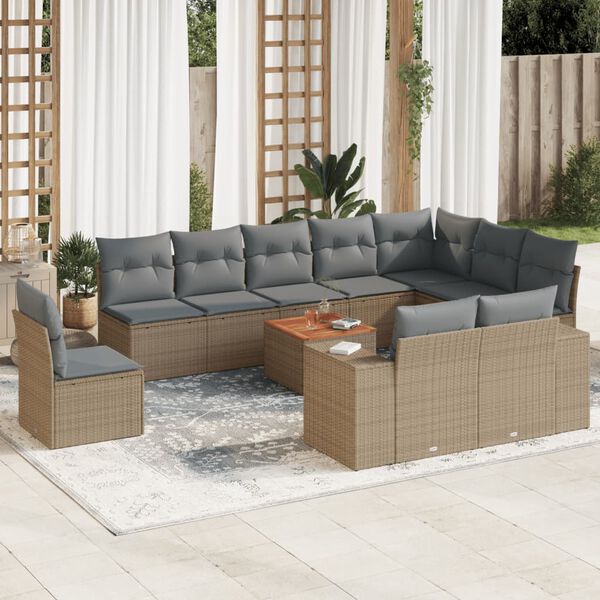 vidaXL 11-delige Tuinset met kussens poly rattan beige