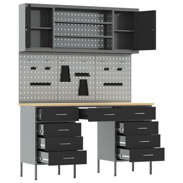vidaXL Werk Cabinet met lade met opslag 7 pcs Zwart 150 x 55 x 200 cm