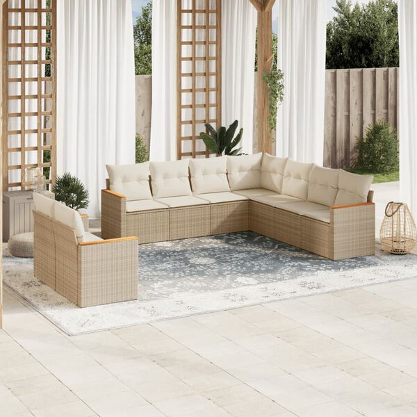 vidaXL 9-delige Loungeset met kussens poly rattan beige