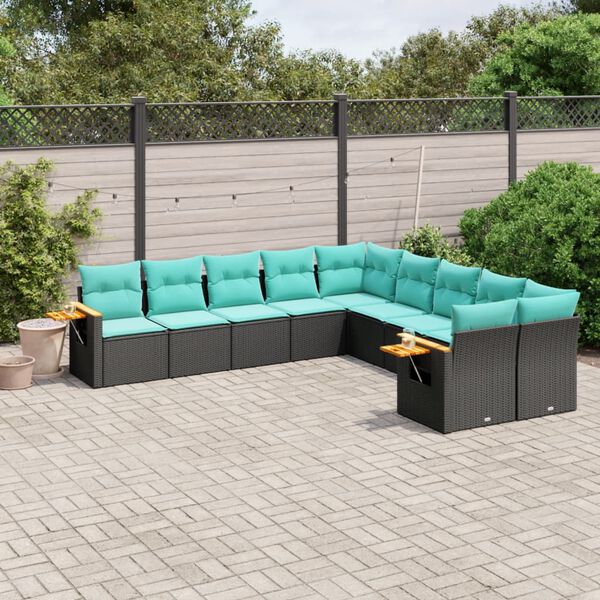 vidaXL 10-delige Loungeset met kussens poly rattan zwart