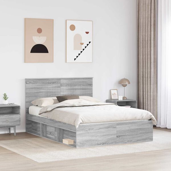 vidaXL Bedframe Grijs Sonoma 135 x 190 cm Massief grenenhout