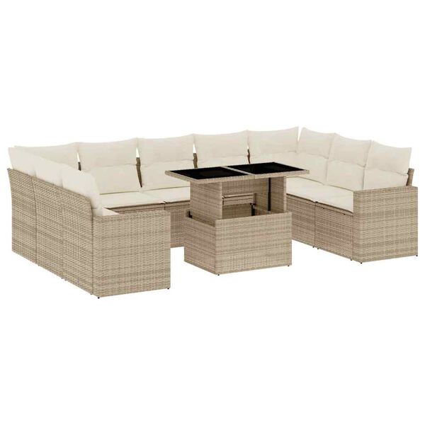 vidaXL 10-delige Loungeset met kussens poly rattan beige