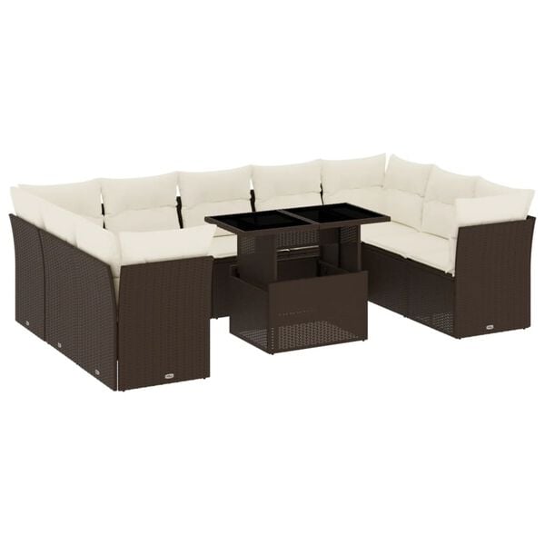 vidaXL 10-delige Loungeset met kussens poly rattan bruin