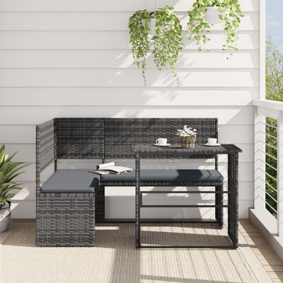 vidaXL Tuinbank met tafel en kussens L-vormig poly rattan grijs