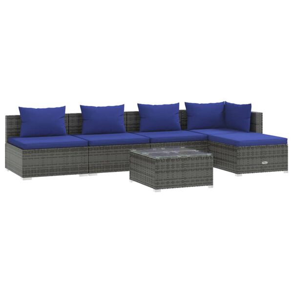 vidaXL 6-delige Loungeset met kussens poly rattan grijs