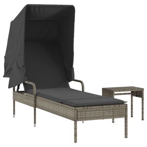 vidaXL Ligbed met luifel en tafel poly rattan grijs
