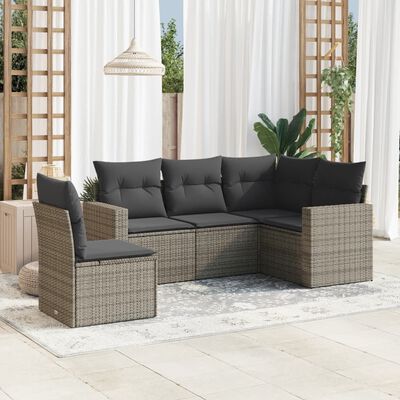 vidaXL 5-delige Loungeset met kussens poly rattan grijs