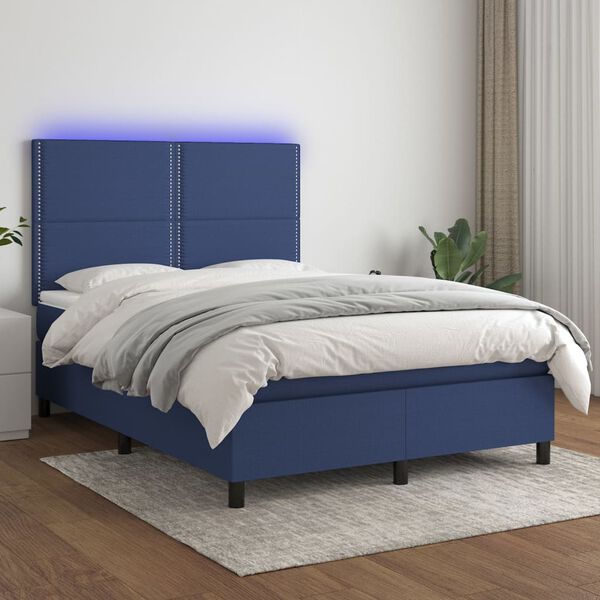vidaXL Boxspring met matras en LED stof blauw 140x190 cm