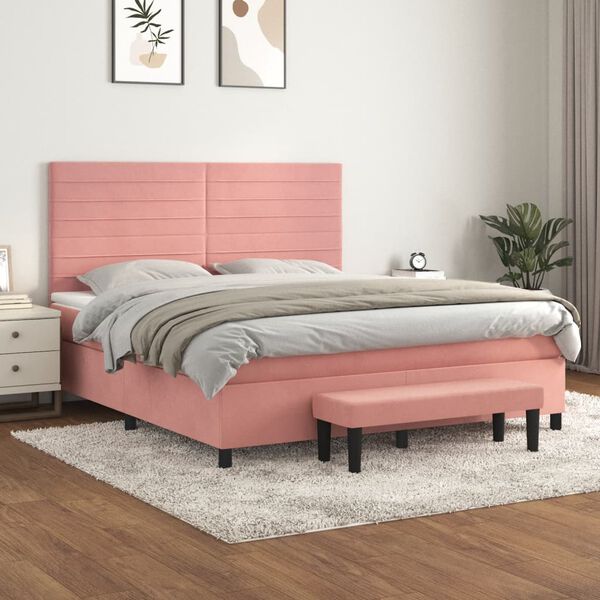vidaXL Boxspring met matras fluweel roze 160x200 cm