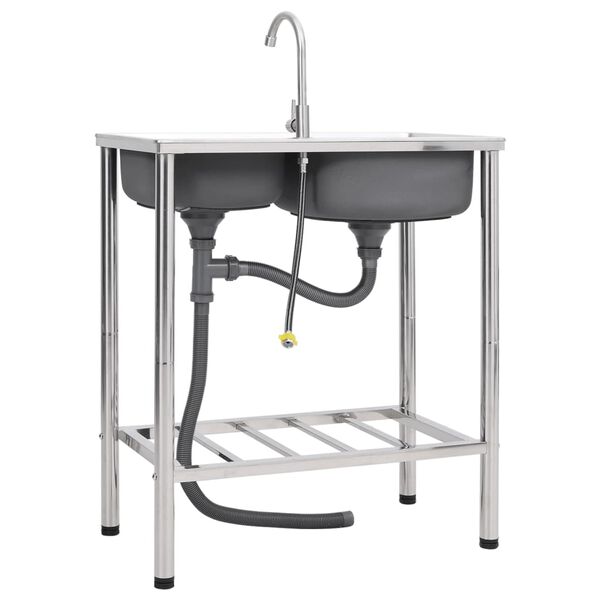 vidaXL Campinggootsteen dubbele bakken met kraan roestvrij staal