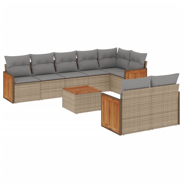 vidaXL 9-delige Loungeset met kussens poly rattan beige