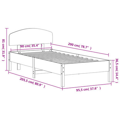 vidaXL Bedframe met hoofdbord massief grenenhout wit 90x200 cm