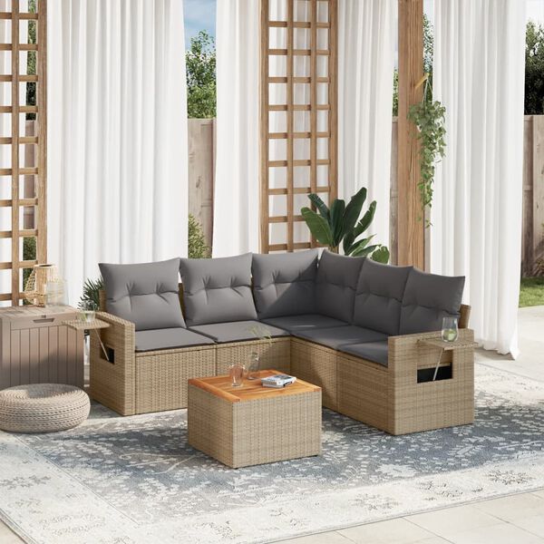 vidaXL 6-delige Loungeset met kussens poly rattan beige