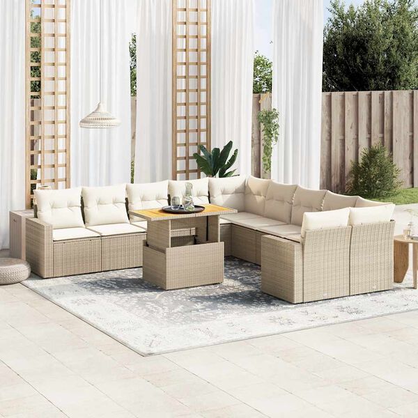 vidaXL 11-delige Tuinset met kussens poly rattan beige