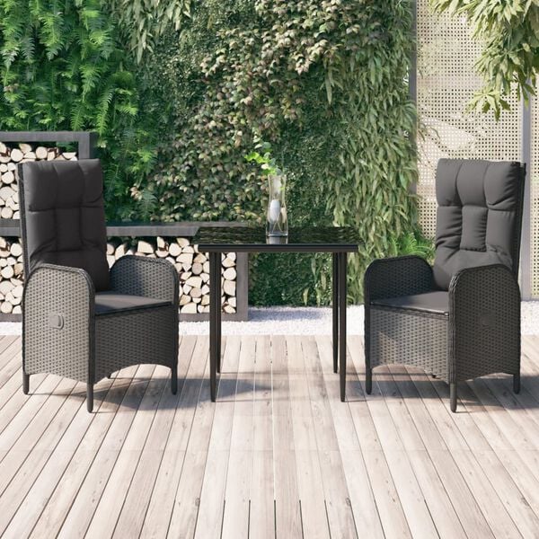 vidaXL 3-delige Tuinset met kussens poly rattan zwart