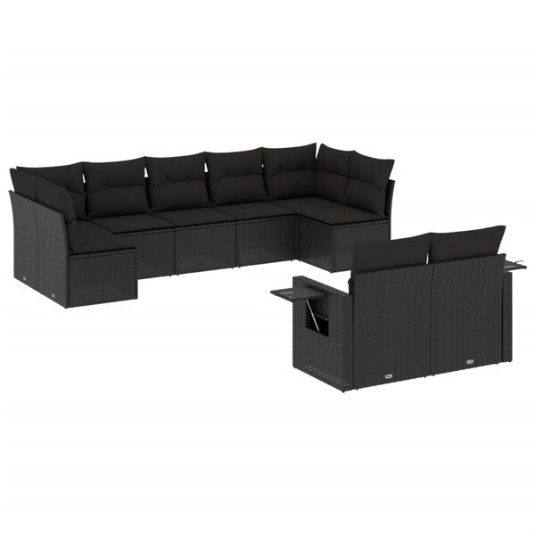 vidaXL 9-delige Loungeset met kussens poly rattan zwart